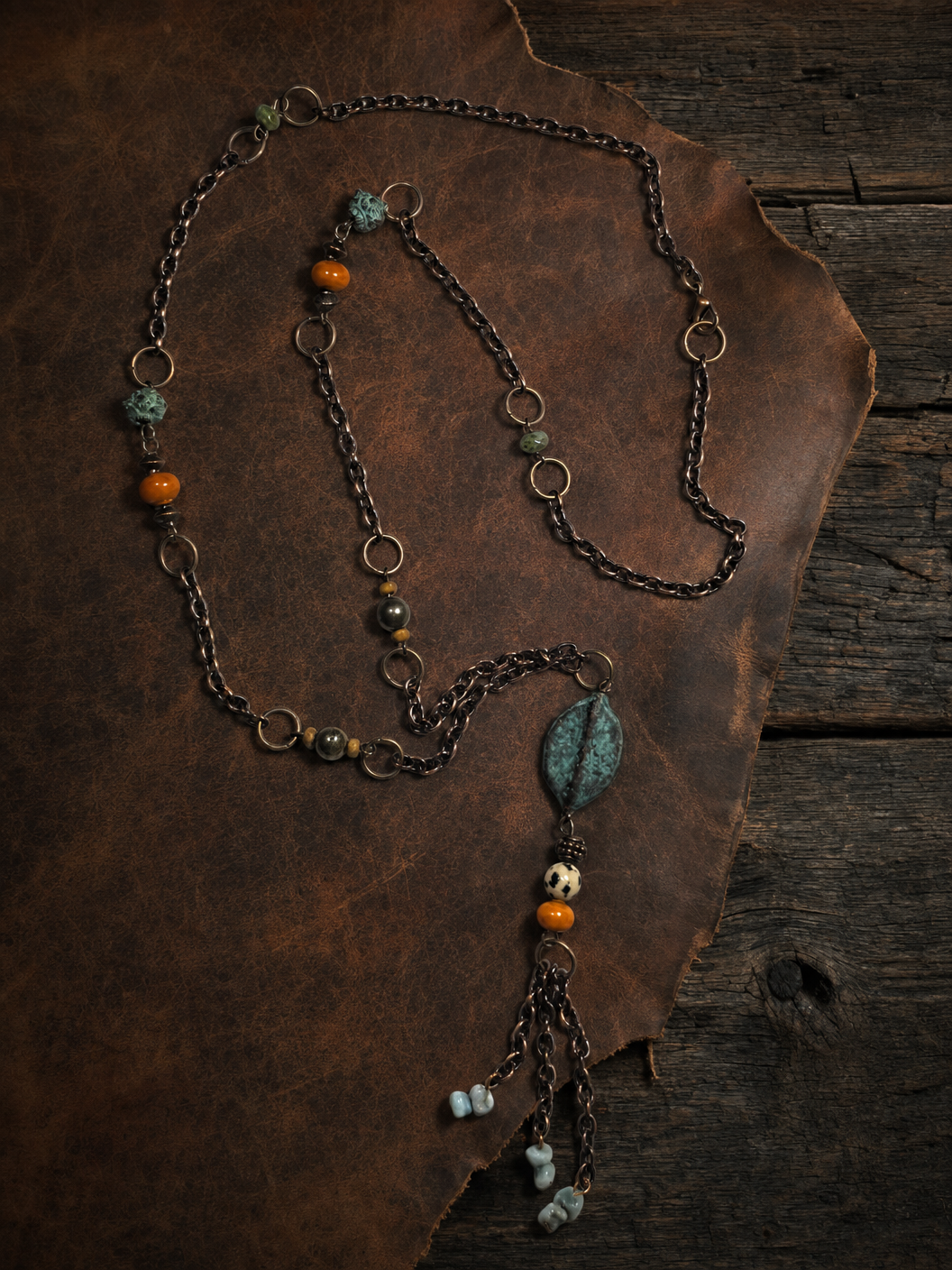 Desert Tide Necklace - Copper Patina, Coral, Larimar, Copper