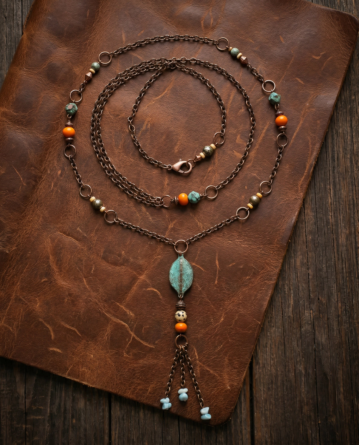 Desert Tide Necklace - Copper Patina, Coral, Larimar, Copper